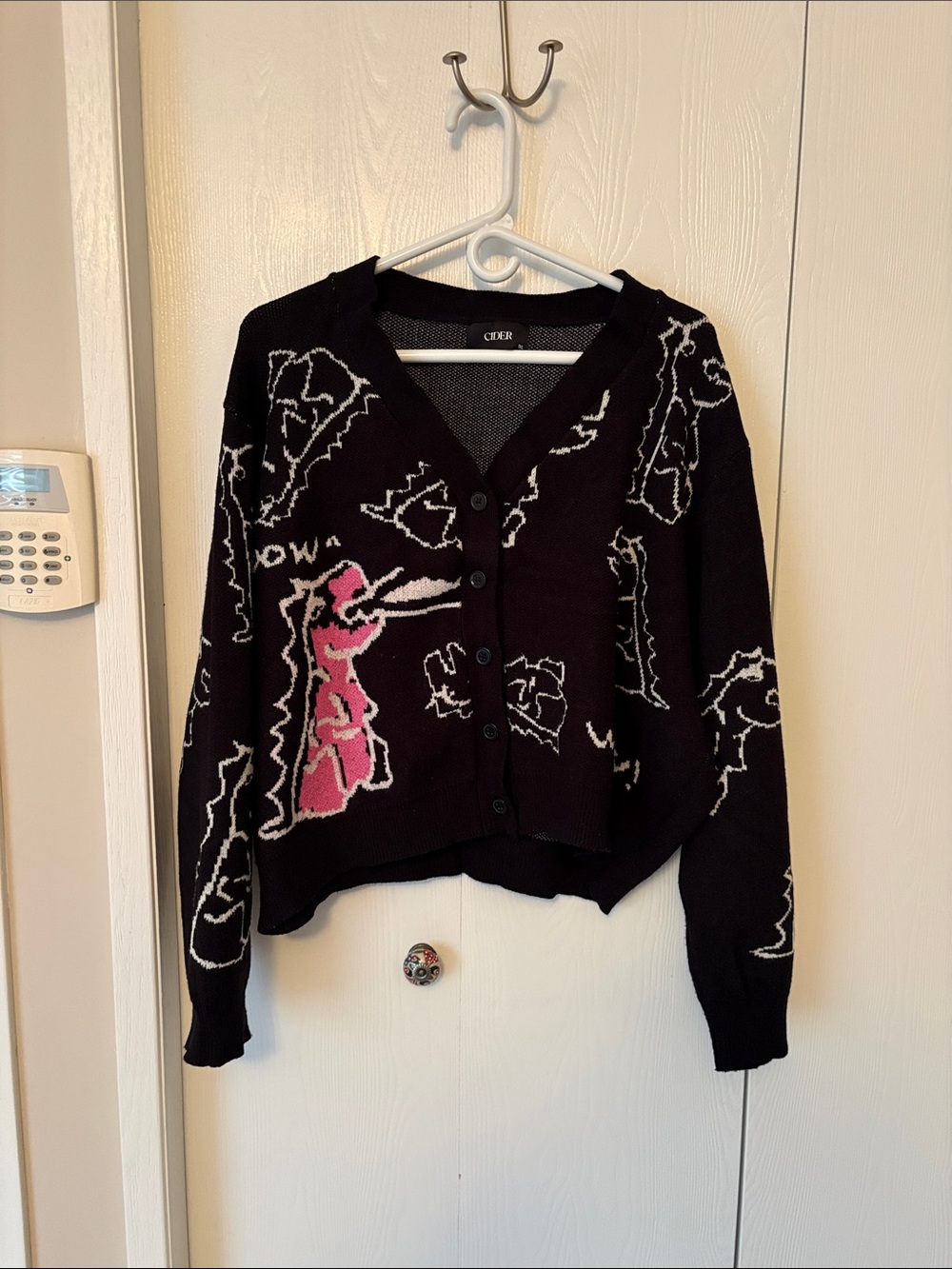 Cider Black V-Neck Cardigan Sweater with Pink and White dinosaurs